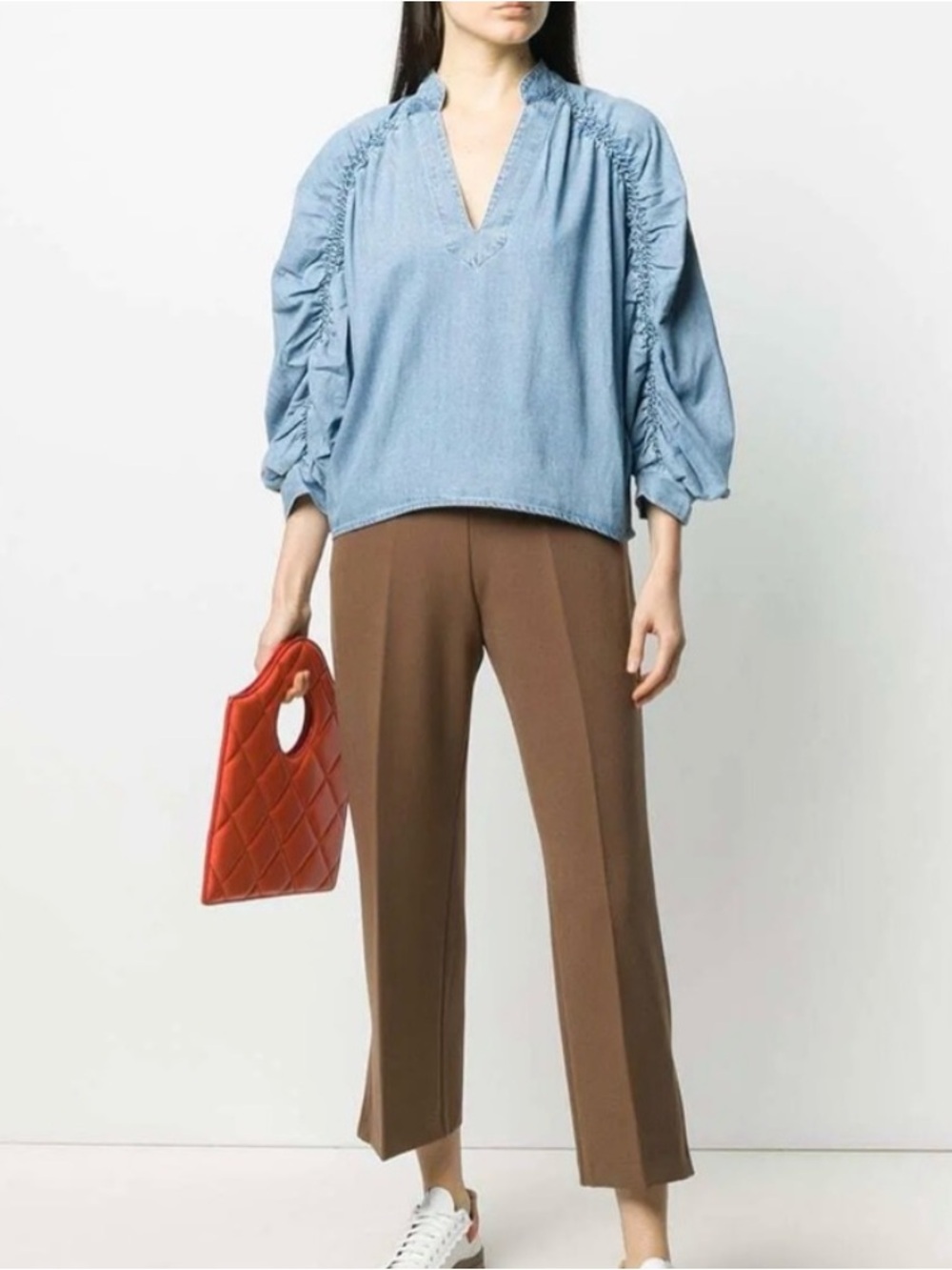 Frame Denim Ruched Cali Popover Denim Top V-Neck Small Blue Ruched Sleeve GUC